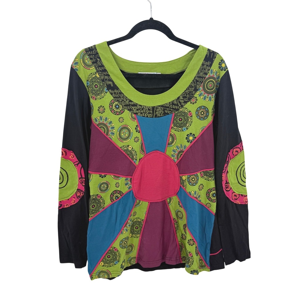 Greater Good Network Womens Cotton Patchwork Mandala Top Long Sleeve Black L